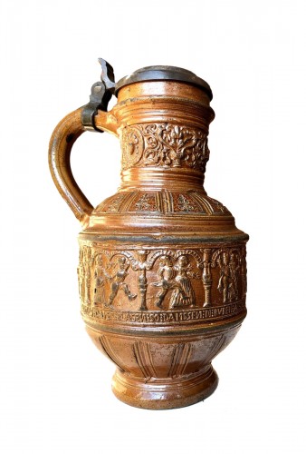 A pewter mounted stoneware jug.Raeren.Dated 1597