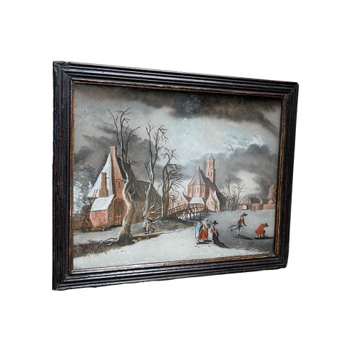 Paysage d'hiver verre églomisé, Allemagne du sud  XVIIe siècle - Objet de décoration Style 