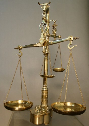 Butcher&#039;s scale in bronze and brass with double balance late 19th/early 20th centu - 