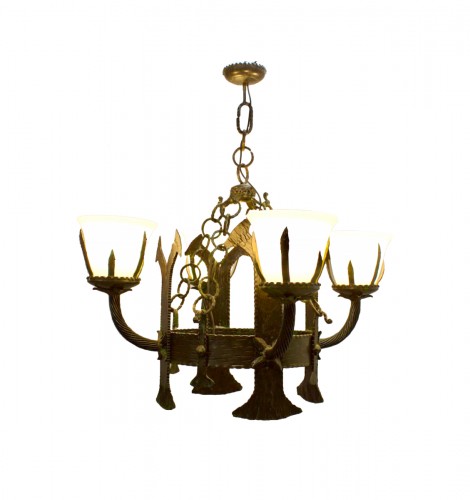 Pair of Art Deco wrought-iron chandeliers