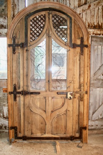 Grande porte Art Nouveau en chêne et fer frogé - Jean-Yves Buhard