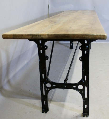 20th century - Large Industrial Console Walnut Top Cast Iron Base