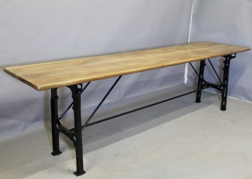  - Large Industrial Console Walnut Top Cast Iron Base