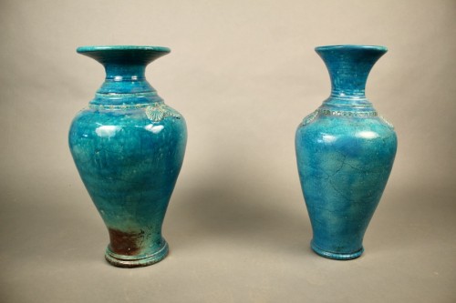 Pair Of Turquoise Cracked Ceramic Vases, 18th Century, China - Porcelain & Faience Style 