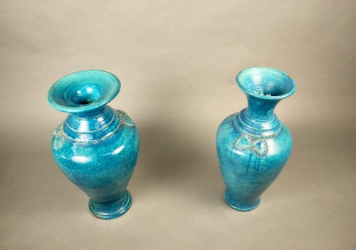 Porcelain & Faience  - Pair Of Turquoise Cracked Ceramic Vases, 18th Century, China