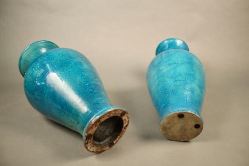 Antiquités - Pair Of Turquoise Cracked Ceramic Vases, 18th Century, China