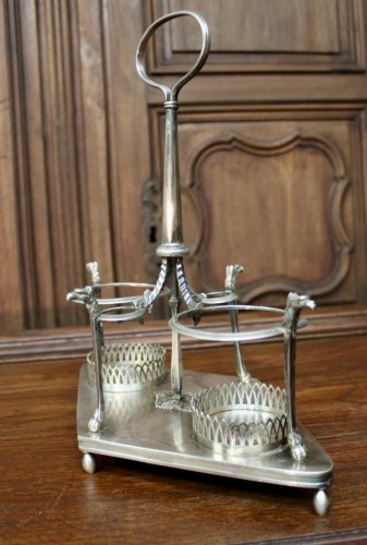 Antiquités - Serviteur de table huilier et vinaigrier en argent massif d'époque Empire