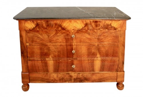 French Restauration Chest Of Drawers In Burr Walnut, Marble Top 