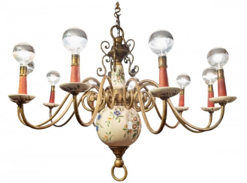 Lustre hollandais XIXème en bronze et faience à 10 bras de lumière