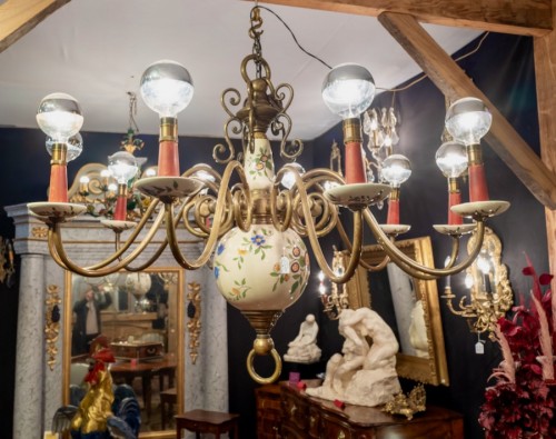 Lustre hollandais XIXe en bronze et faience à 10 bras de lumière - Luminaires Style Napoléon III