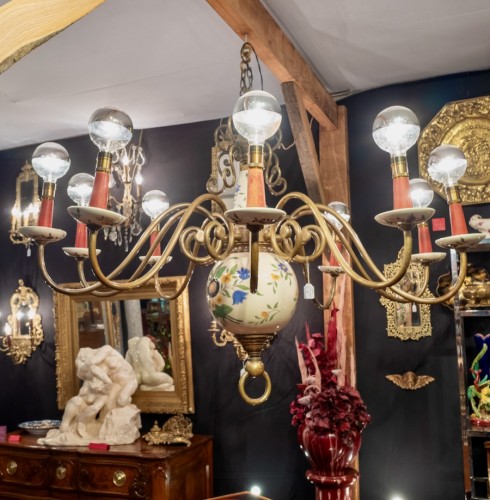 Luminaires Lustre - Lustre hollandais XIXe en bronze et faience à 10 bras de lumière