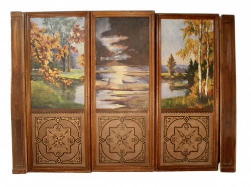Set Of 3 Large Painted Panels Depicting A Forest And Pond, 19th Century