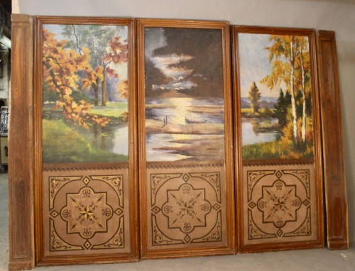 Set Of 3 Large Painted Panels Depicting A Forest And Pond, 19th Century - Decorative Objects Style 