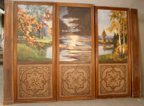 Decorative Objects  - Set Of 3 Large Painted Panels Depicting A Forest And Pond, 19th Century