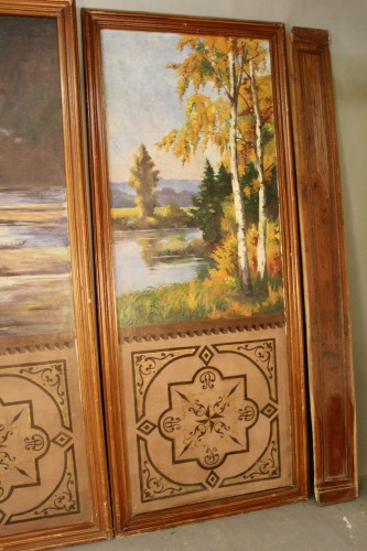 Set Of 3 Large Painted Panels Depicting A Forest And Pond, 19th Century - 