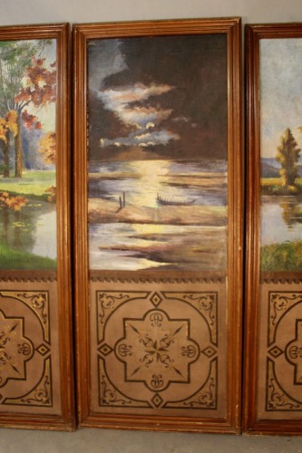 19th century - Set Of 3 Large Painted Panels Depicting A Forest And Pond, 19th Century