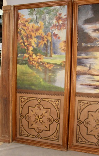 Set Of 3 Large Painted Panels Depicting A Forest And Pond, 19th Century - 