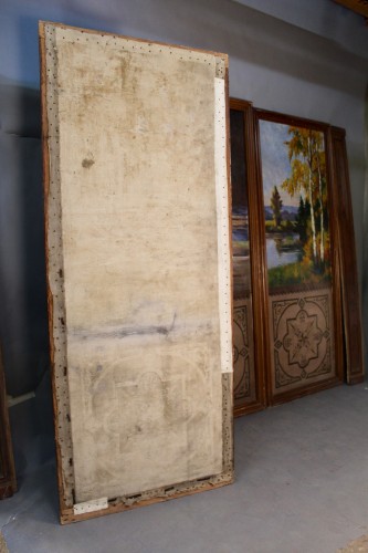 Antiquités - Set Of 3 Large Painted Panels Depicting A Forest And Pond, 19th Century