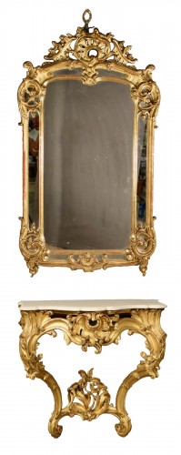Ensemble miroir et console dorés Louis XV