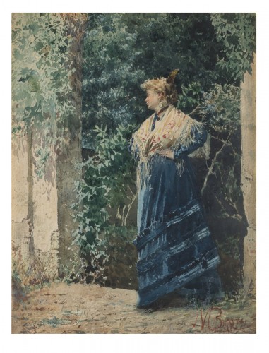 Mosè Bianchi (1840 – 1904) -  Jeune femme dans un jardin