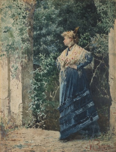 Tableaux et dessins Dessin, Aquarelle & Pastel - Mosè Bianchi (1840 – 1904) -  Jeune femme dans un jardin
