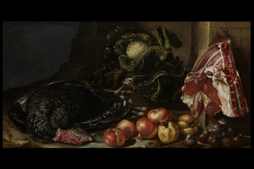 Bartolomeo Arbotori (Piacenza 1594-1676) Nature morte avec fruits, légumes et dinde - Tableaux et dessins Style 