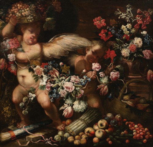 Felice Fortunato Biggi (1650 – 1700 ca.) Still Life with cupids - Paintings & Drawings Style 