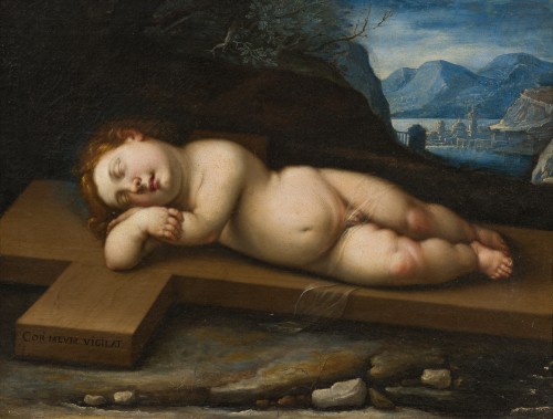 17th-century Tuscan School, Baby Jesus asleep on the Cross - Paintings & Drawings Style 