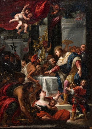 Simone Pignoni (Firenze 1611-1698) Saint Louis servant un repas pour les pauvres - Tableaux et dessins Style Louis XIII