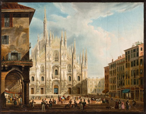 Vue de la Place de Duomo - Cercle de Giovanni Migliara, (1785 - 1837) - Tableaux et dessins Style Restauration - Charles X