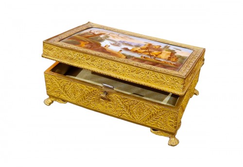 Charles X jewelry box in bronze and porcelain