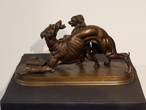 Sculpture Sculpture en Bronze - Lévrier jouant avec un King Charles - Jules Moigniez (1835-1894)