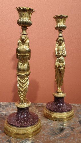 Pair of candlesticks in gilt bronze and porphyry - Lighting Style Restauration - Charles X