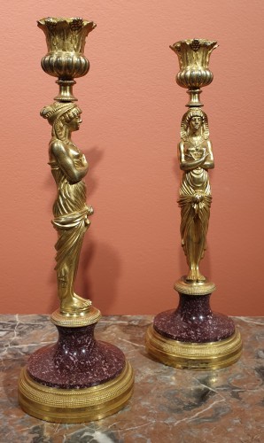 Pair of candlesticks in gilt bronze and porphyry - Restauration - Charles X