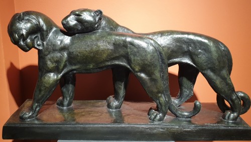 Sculpture  - Couple of lionesses - André Vincent BECQUEREL (1893 - 1981)