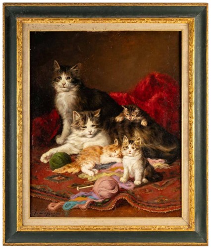 Jules Gustave Leroy (1856 - 1921) - Famille de chats à la pelote de laine