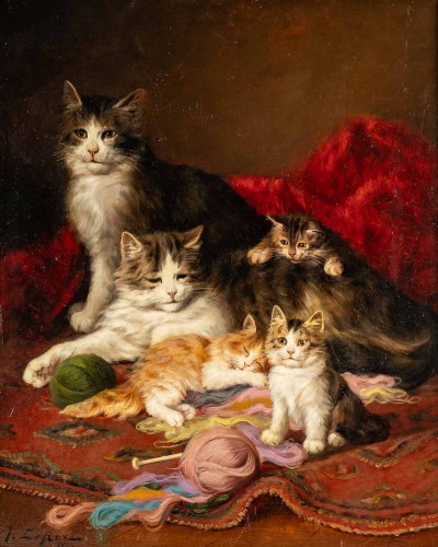 Jules Gustave Leroy (1856 - 1921) - Famille de chats à la pelote de laine - Tableaux et dessins Style 