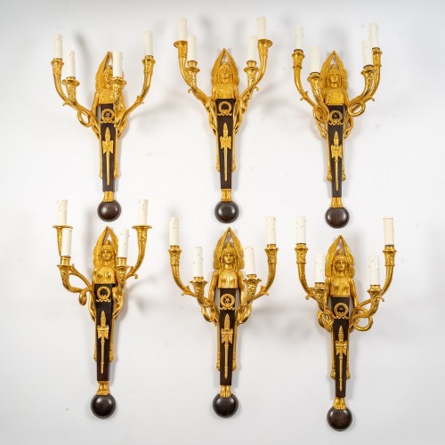 A Suite of Six Wall - Lights in gilt and brown patina bronze - 