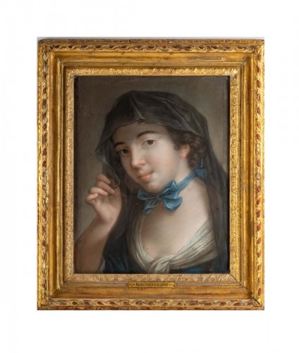 Portrait d'une jeune femme au ruban bleu, pastel du 18e siècle