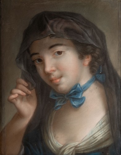 Portrait d'une jeune femme au ruban bleu, pastel du 18e siècle - Tableaux et dessins Style Louis XVI