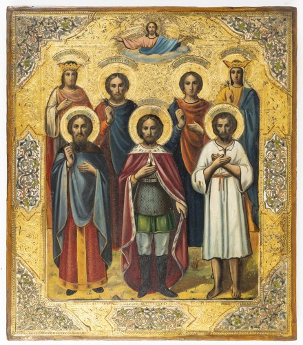 Icône représentant un couple royal entouré de saints, Russie, XIXe siècle