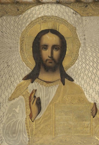 Art sacré, objets religieux  - Icone représentant le Christ Pantocrator bénissant, Russie XIXe siècle