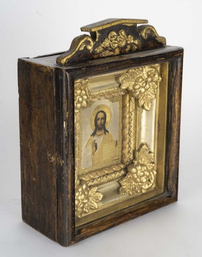 Icone représentant le Christ Pantocrator bénissant, Russie XIXe siècle - Catel Antiquités