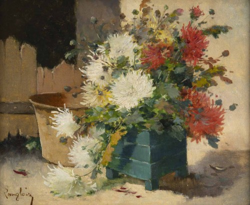 Cauchois Eugêne-Henri (1850 -1911) dit "Langlois", Bouquet de Crysanthèmes - Tableaux et dessins Style 