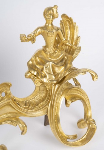 XVIIIe siècle - Paire de chenet en bronze doré, d'époque Louis XV 