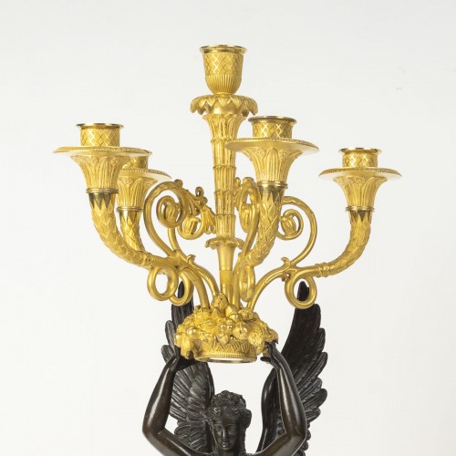 Grande paire de candélabre en bronze doré et patiné, d'époque Empire - Catel Antiquités