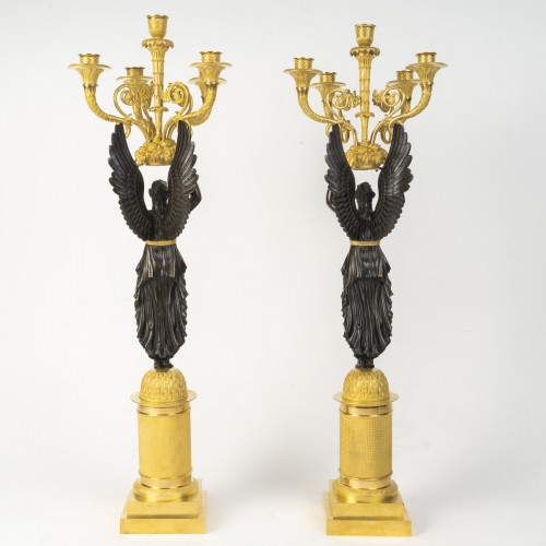 Grande paire de candélabre en bronze doré et patiné, d'époque Empire - Empire