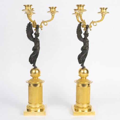 Paire de candélabre en bronze doré et patiné, d'époque Empire - Luminaires Style Empire