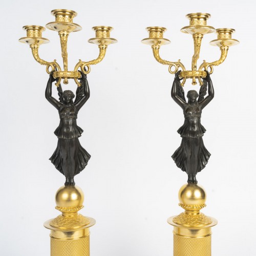 Paire de candélabre en bronze doré et patiné, d'époque Empire - Catel Antiquités