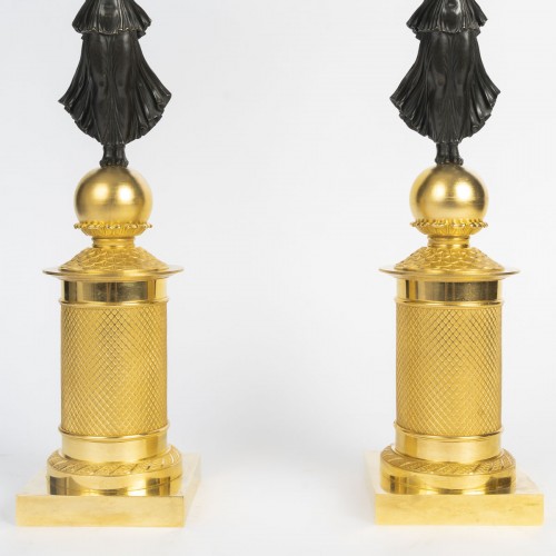 XIXe siècle - Paire de candélabre en bronze doré et patiné, d'époque Empire